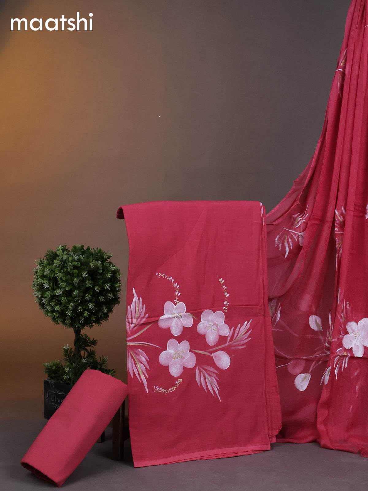 Cotton dress materials pink shade with floral hand painted prints and bottom & chiffon dupatta