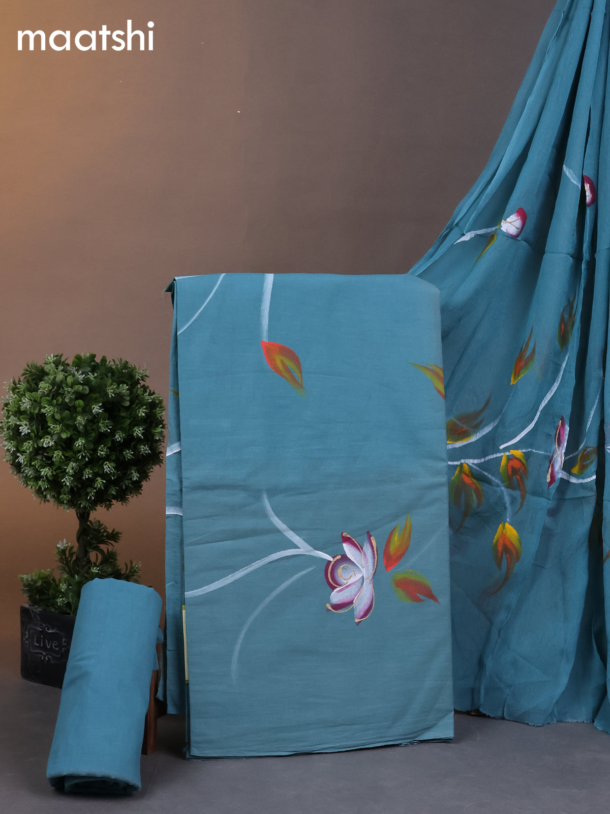 Cotton dress materials pastel green shade with floral hand painted prints and bottom & chiffon dupatta