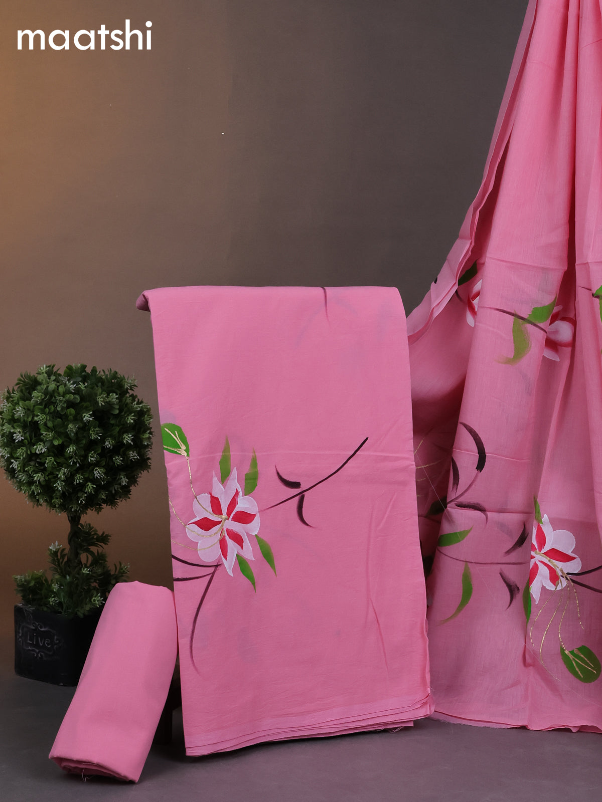 Cotton dress materials light pink with floral hand painted prints and bottom & cotton dupatta