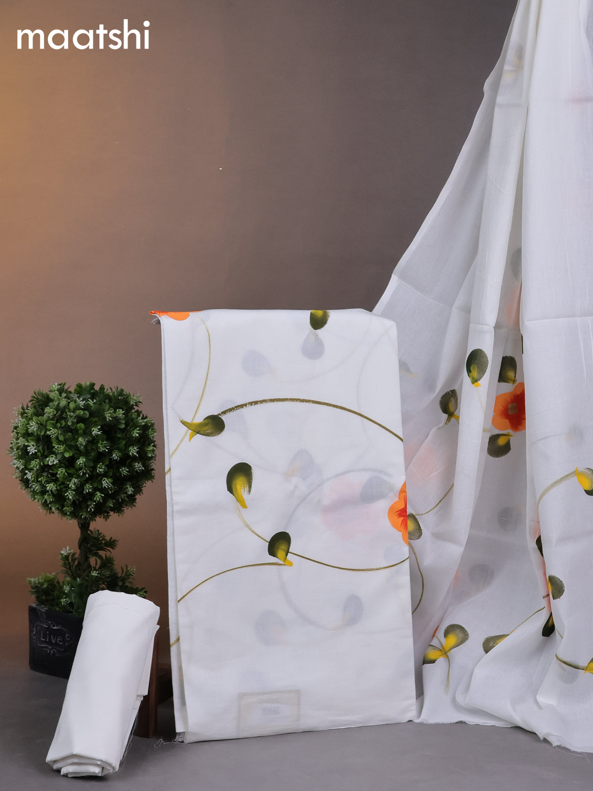Cotton dress materials off white with floral hand painted prints and bottom & cotton dupatta