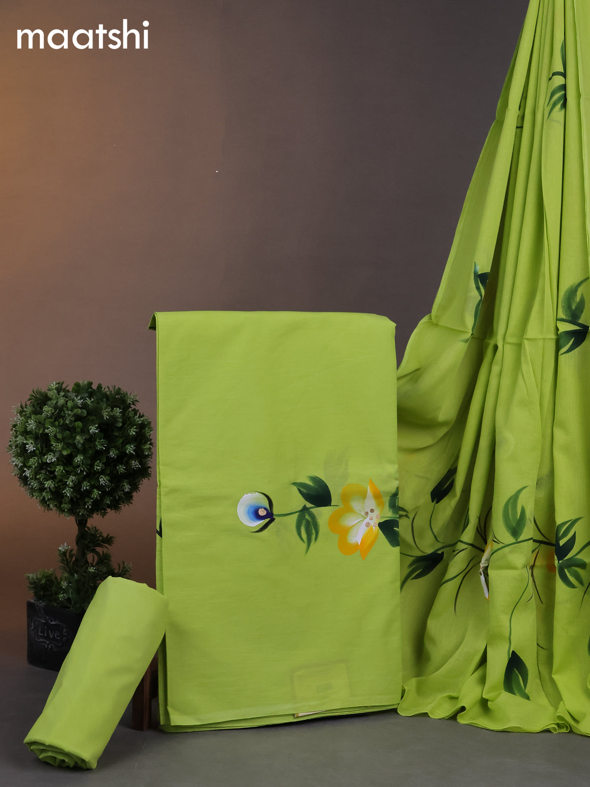 Cotton dress materials lime green with floral hand painted prints and bottom & cotton dupatta