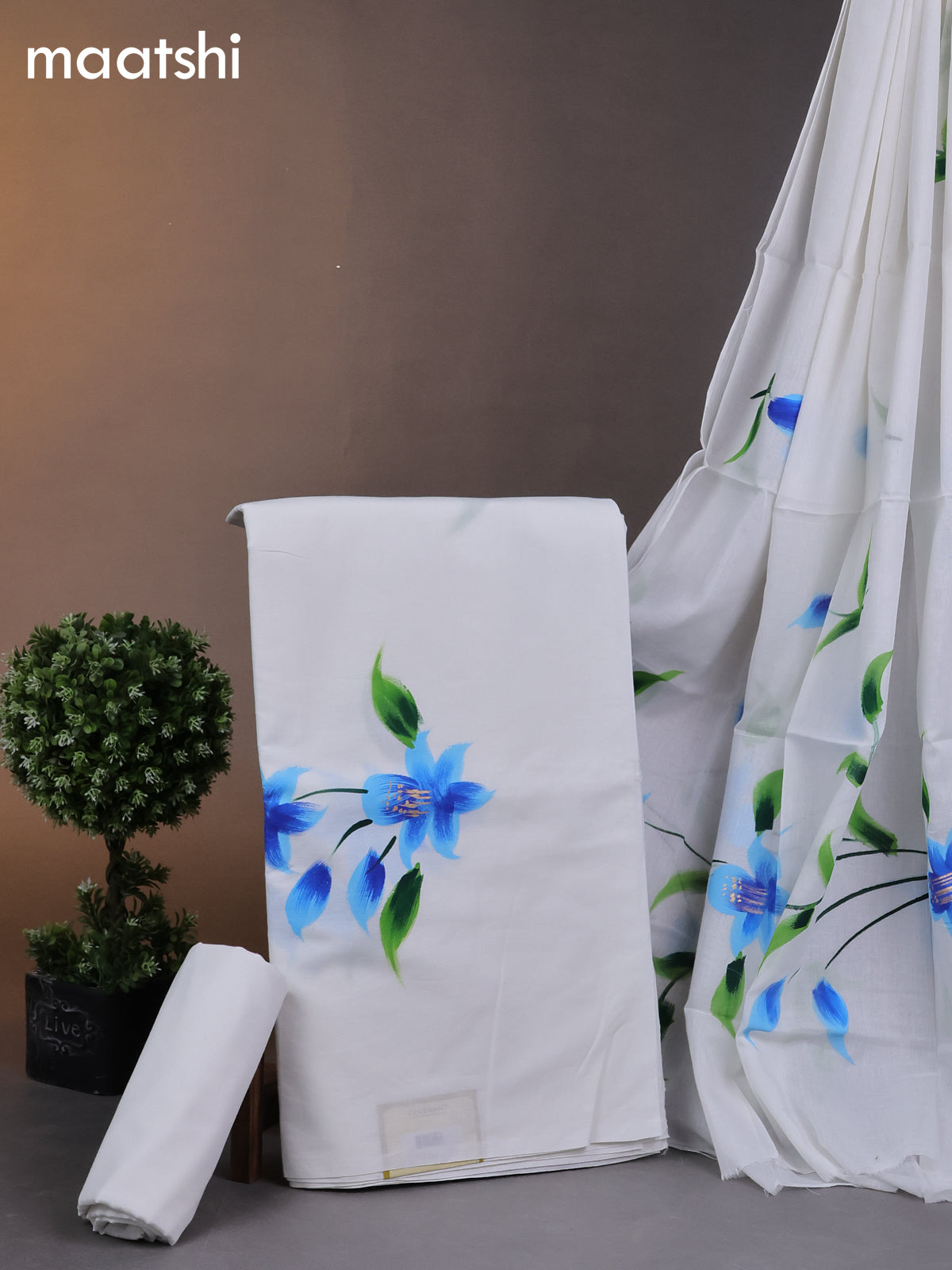 Cotton dress materials off white with floral hand painted prints and bottom & cotton dupatta