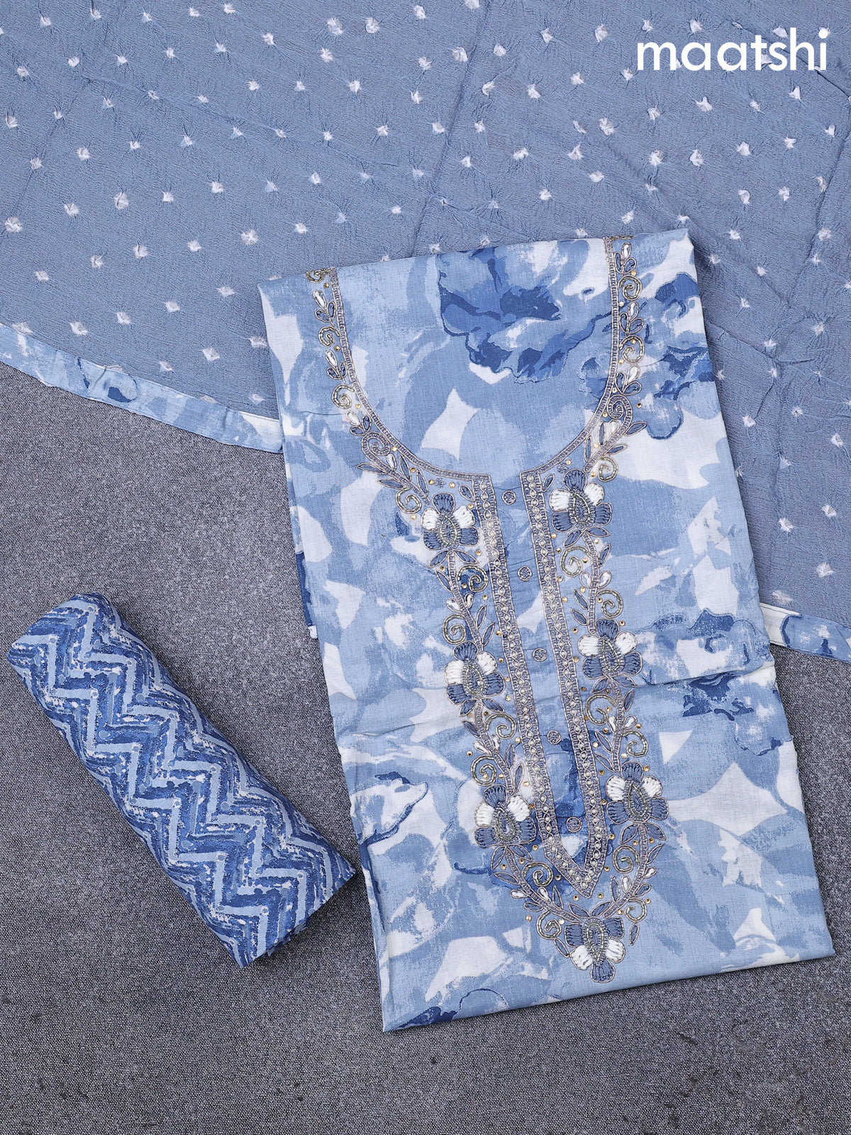 Cotton dress material bluish grey and off white with allover prints & embroidery zardosi work neck pattern and bottom & cotton dupatta