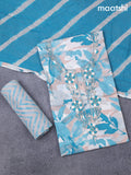 Cotton dress material teal blue and off white with allover prints & embroidery zardosi work neck pattern and bottom & cotton dupatta