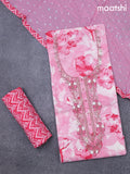 Cotton dress material peach pink and off white with allover prints & embroidery zardosi work neck pattern and bottom & cotton dupatta