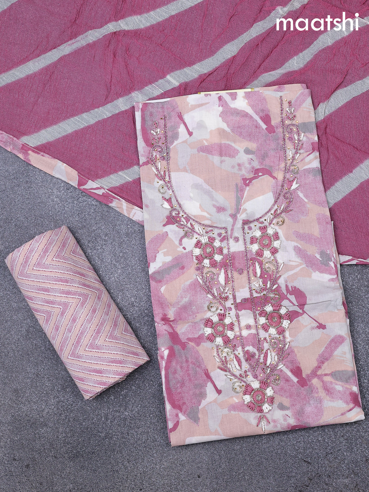 Cotton dress material pastel pink and multi colour with allover prints & embroidery zardosi work neck pattern and bottom & cotton dupatta