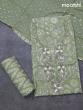 Cotton dress material pastel green and off white with allover floral prints & embroidery zardosi work neck pattern and bottom & cotton dupatta