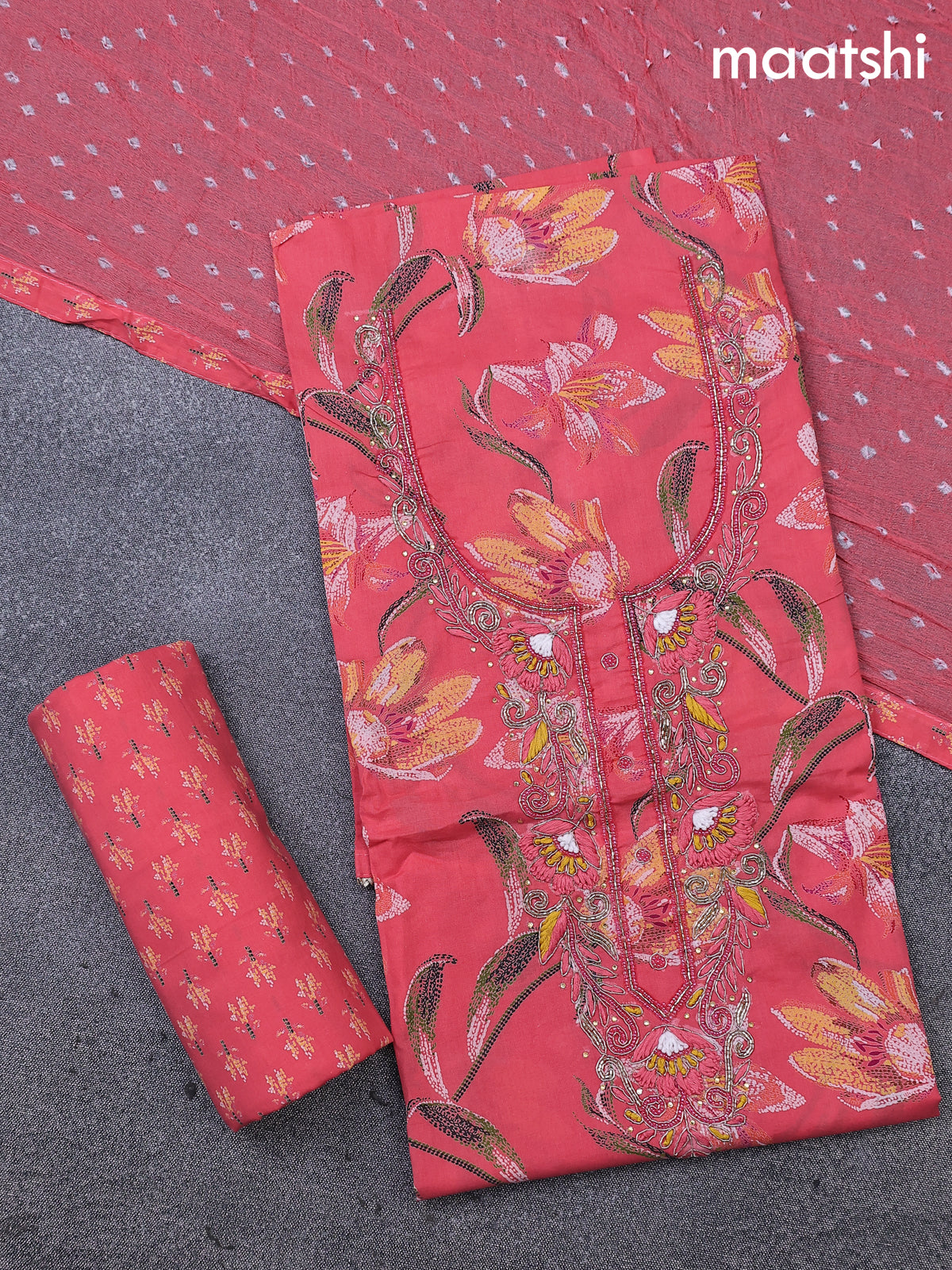 Cotton dress material dark peach with allover floral prints & embroidery zardosi work neck pattern and bottom & cotton dupatta
