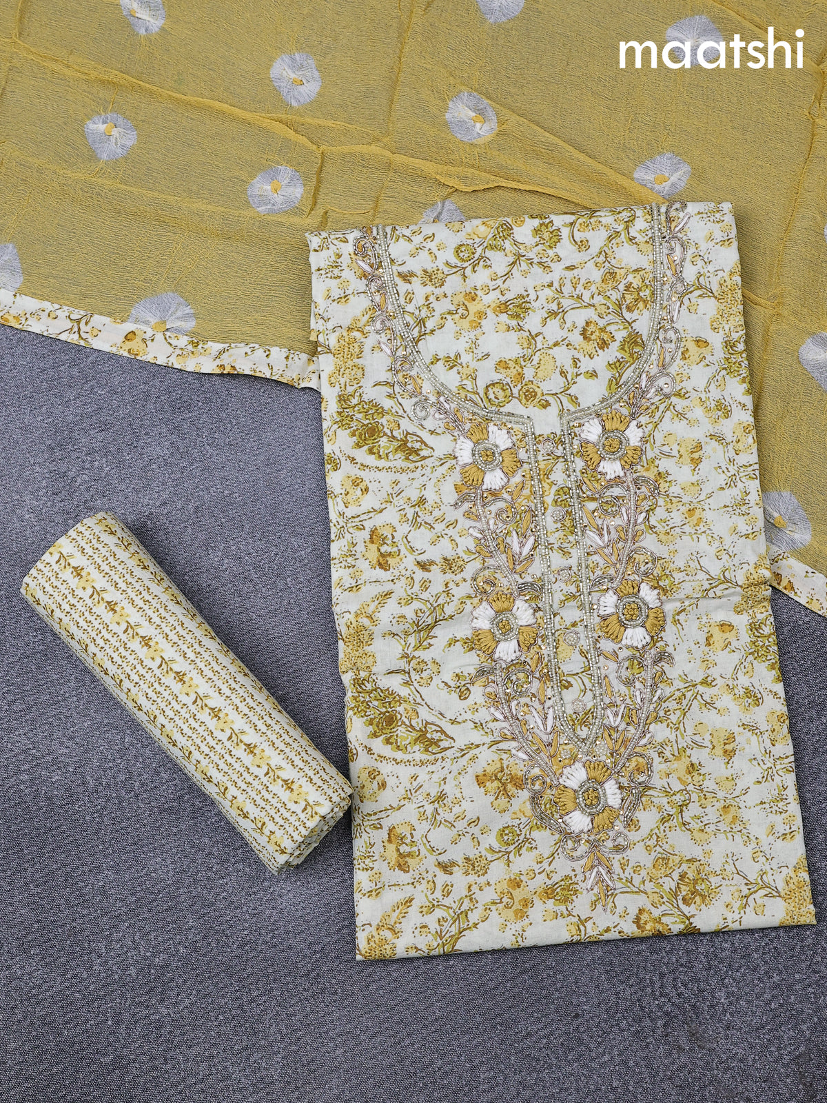 Cotton dress material cream with allover floral prints & embroidery zardosi work neck pattern and bottom & cotton dupatta