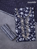 Cotton dress material dark navy blue and grey off white with allover floral prints & embroidery zardosi work neck pattern and bottom & cotton dupatta