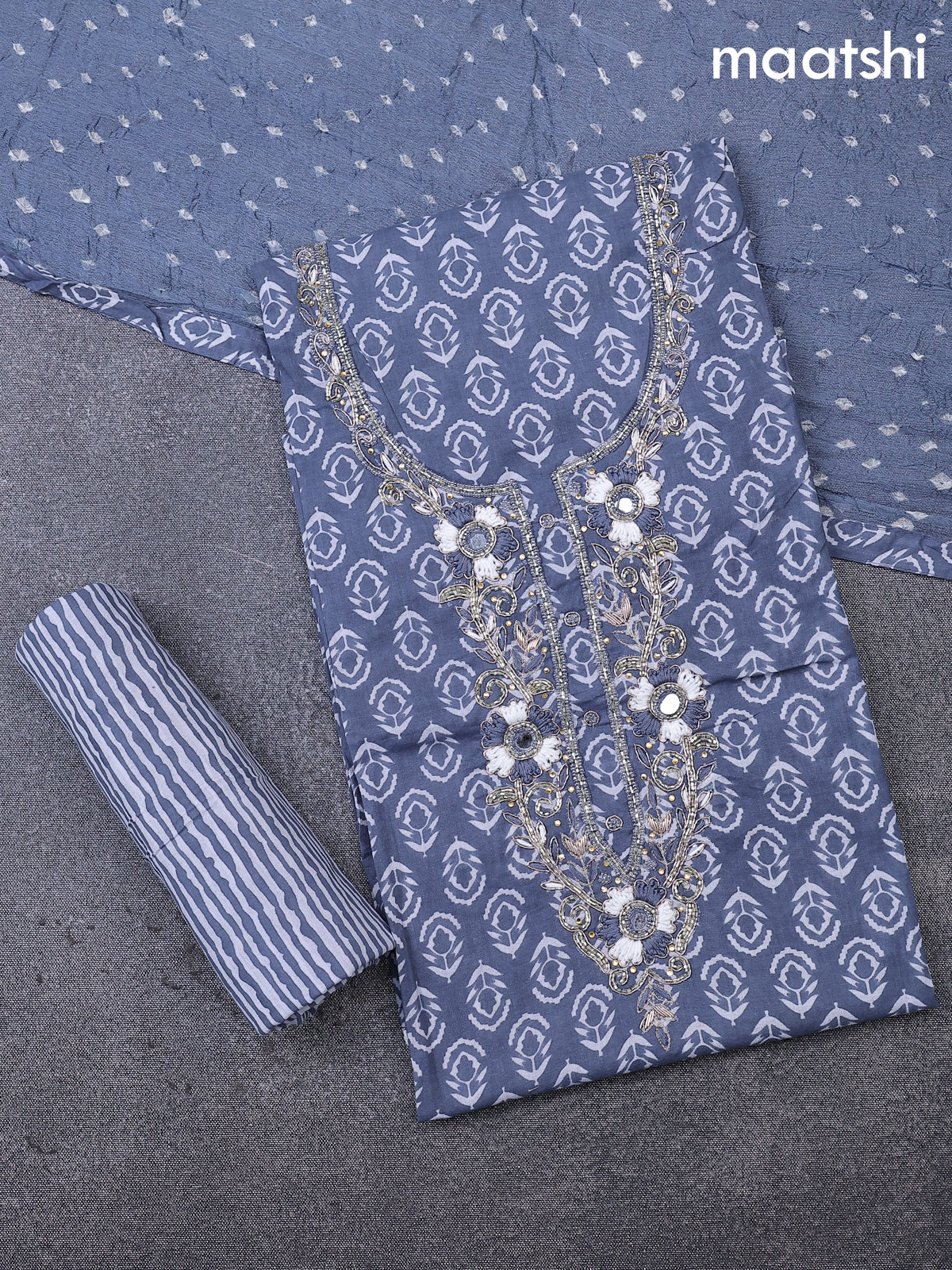 Cotton dress material grey and off white with allover butta prints & embroidery zardosi work neck pattern and bottom & cotton dupatta
