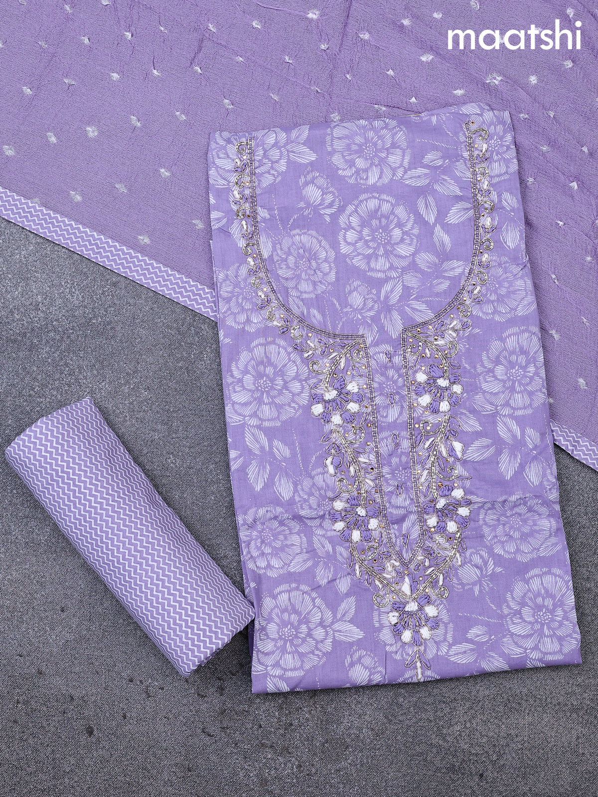 Cotton dress material lavender shade and off white with allover floral prints & embroidery zardosi work neck pattern and bottom & cotton dupatta