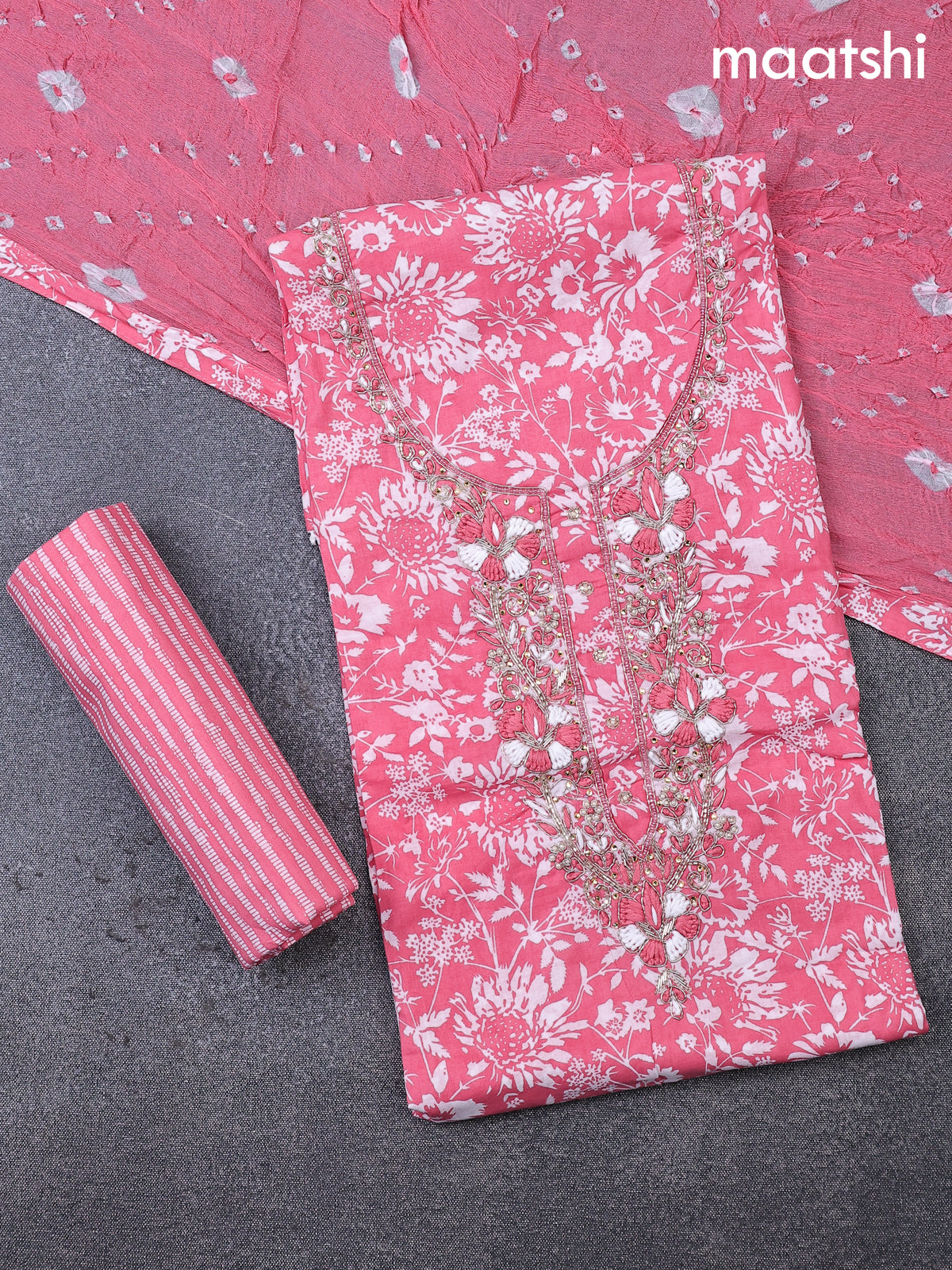 Cotton dress material peach pink and off white with allover floral prints & embroidery zardosi work neck pattern and bottom & cotton dupatta