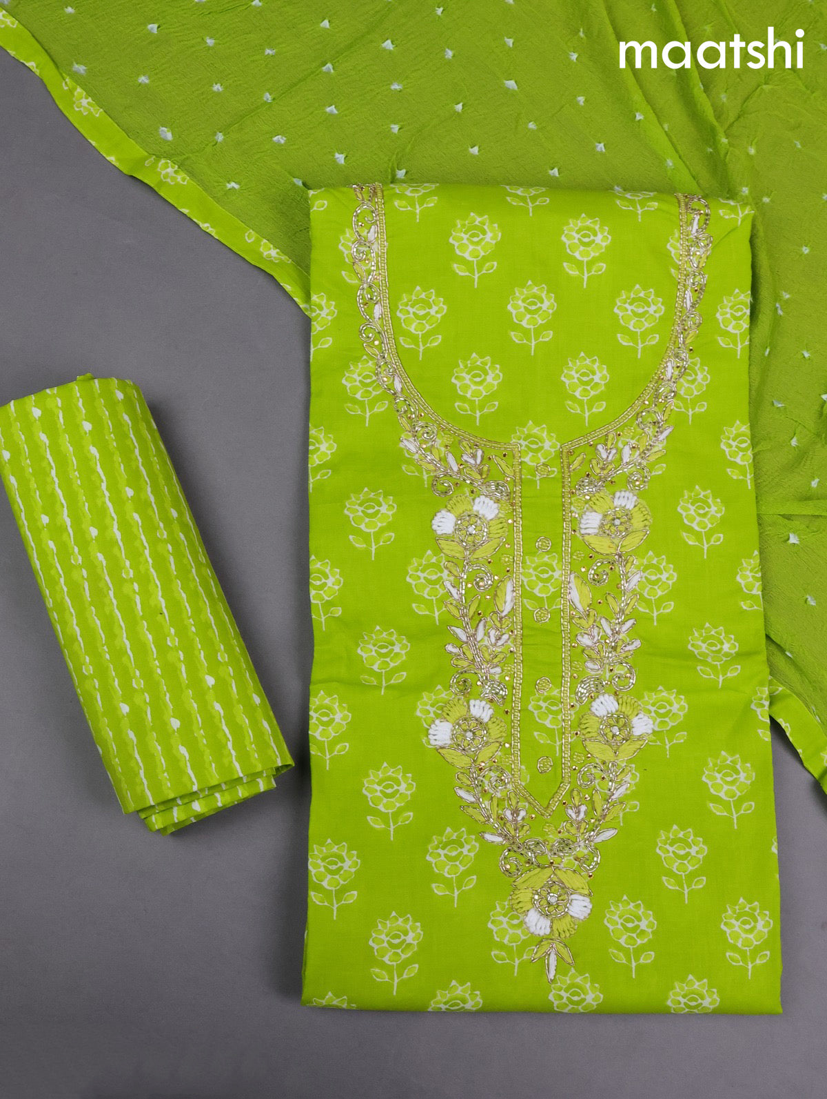 Cotton dress material fluorescent green with allover butta prints & embroidery zardosi work neck pattern and bottom & cotton dupatta