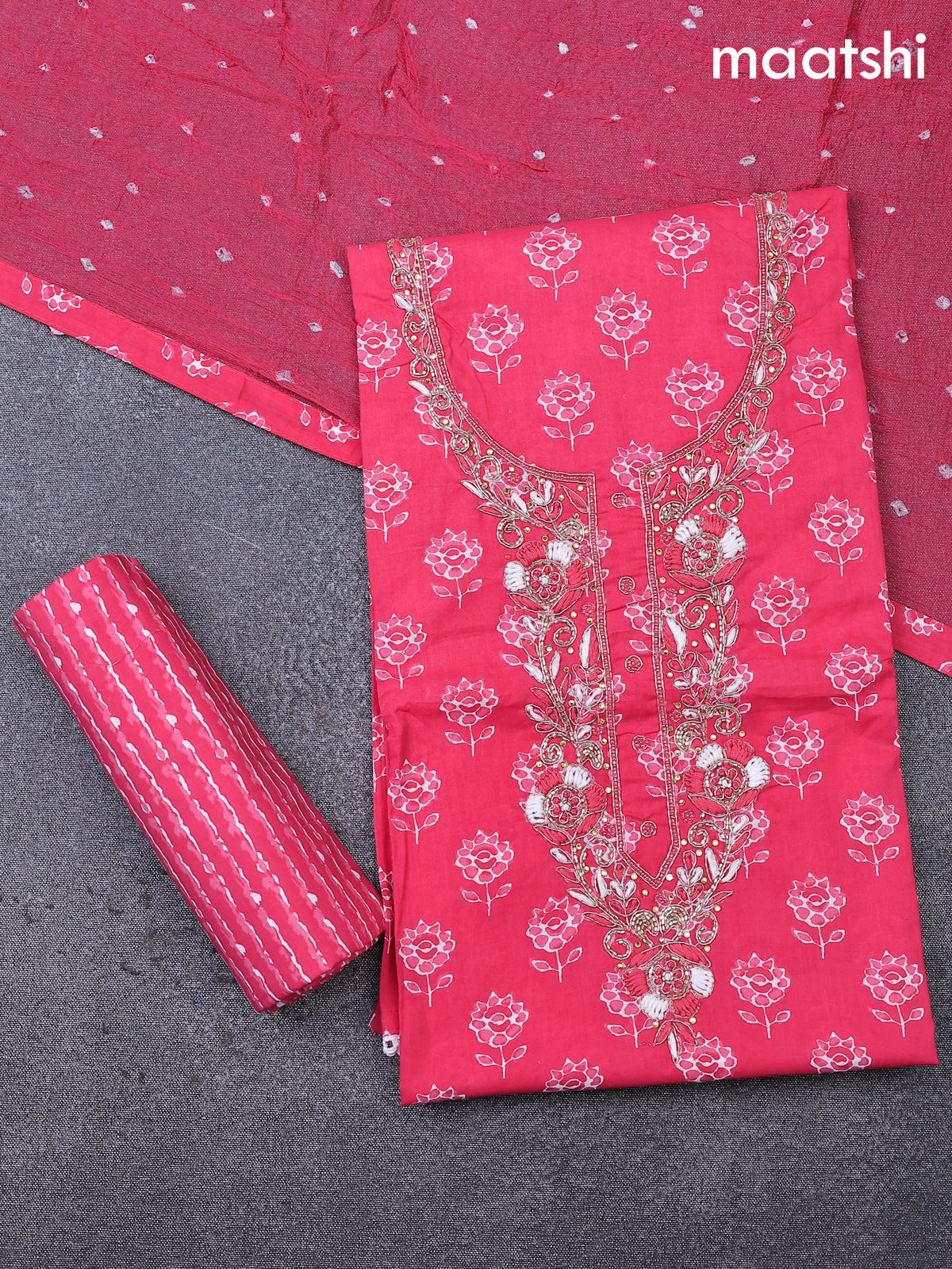 Cotton dress material dark peach pink with allover butta prints & embroidery zardosi work neck pattern and bottom & cotton dupatta