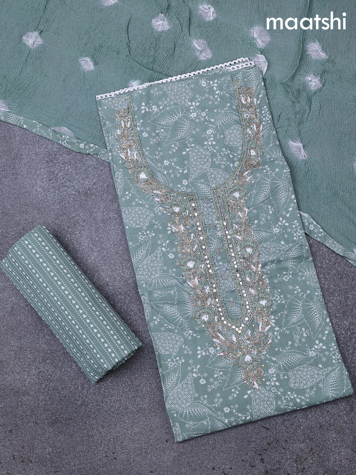 Cotton dress material greyish green and off white with allover floral prints & embroidery zardosi work neck pattern and bottom & cotton dupatta