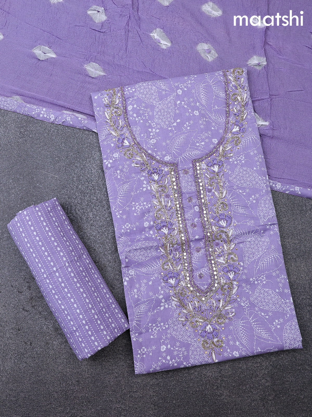 Cotton dress material lavender and off white with allover floral prints & embroidery zardosi work neck pattern and bottom & cotton dupatta