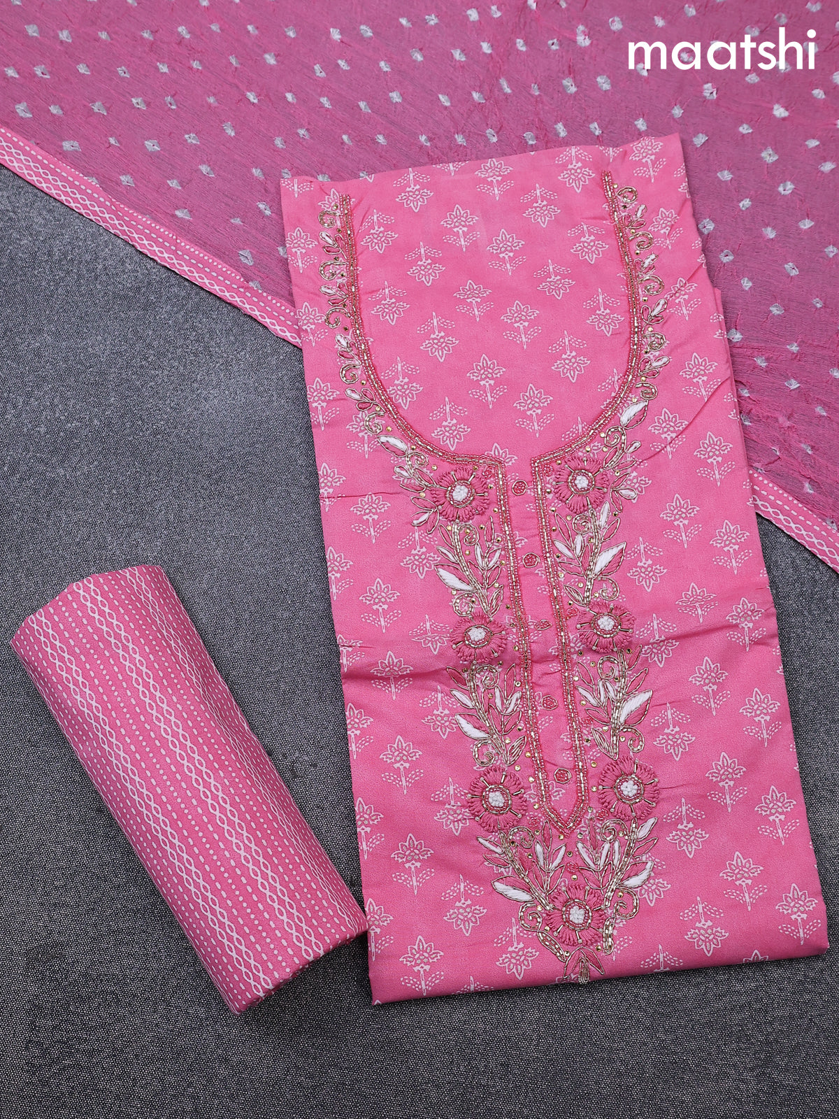 Cotton dress material light pink and off white with allover butta prints & embroidery zardosi work neck pattern and bottom & cotton dupatta