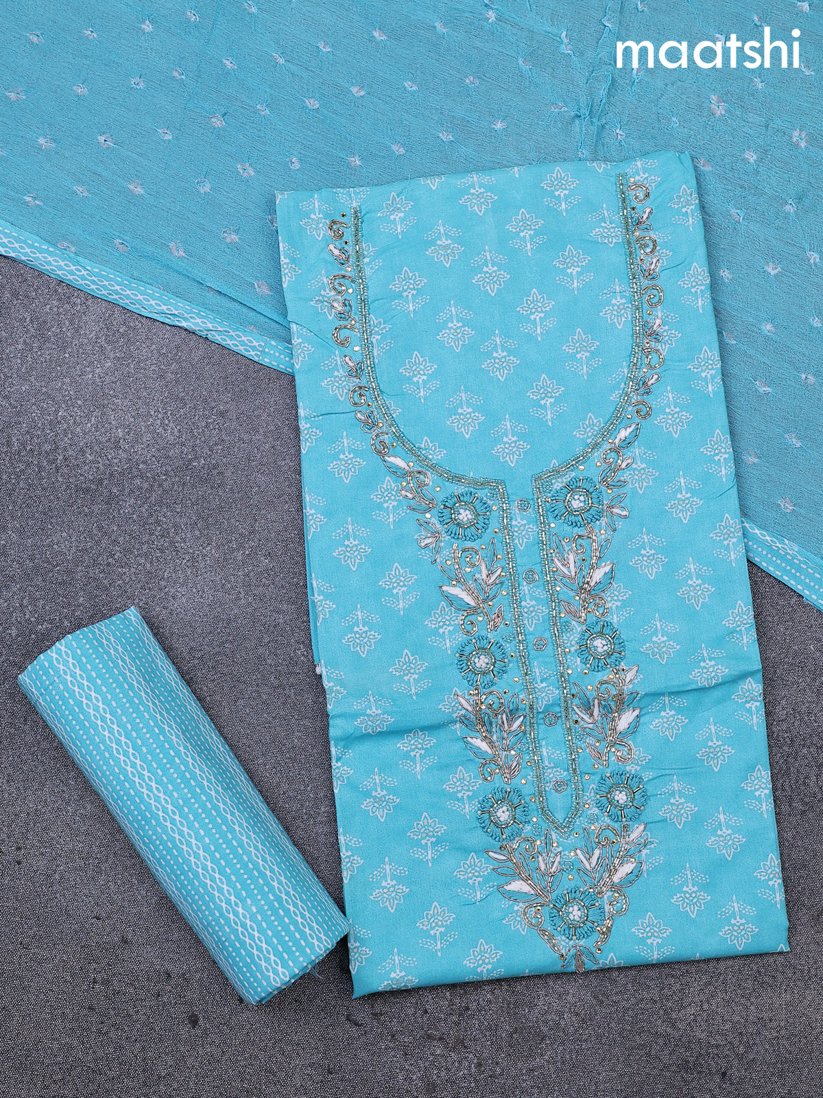 Cotton dress material light blue and off white with allover butta prints & embroidery zardosi work neck pattern and bottom & cotton dupatta