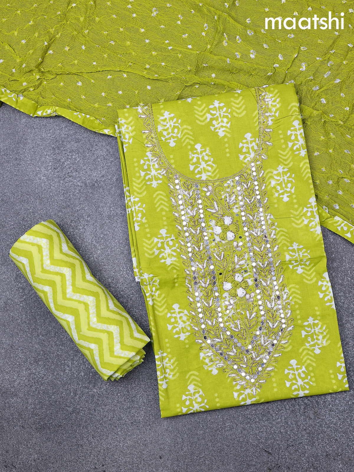 Cotton dress material fluorescent green and off white with allover dabu prints & embroidery zardosi work neck pattern and bottom & cotton dupatta