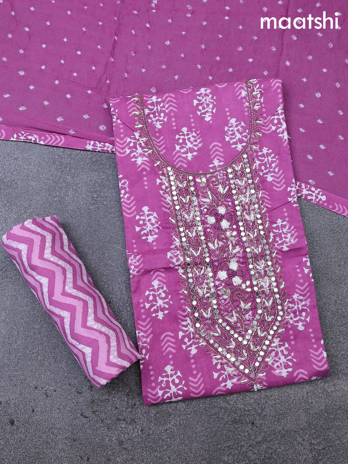 Cotton dress material magenta pink and off white with allover dabu prints & embroidery zardosi work neck pattern and bottom & cotton dupatta
