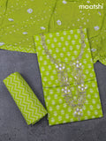 Cotton dress material fluorescent green and off white with allover butta prints & embroidery zardosi work neck pattern and bottom & cotton dupatta