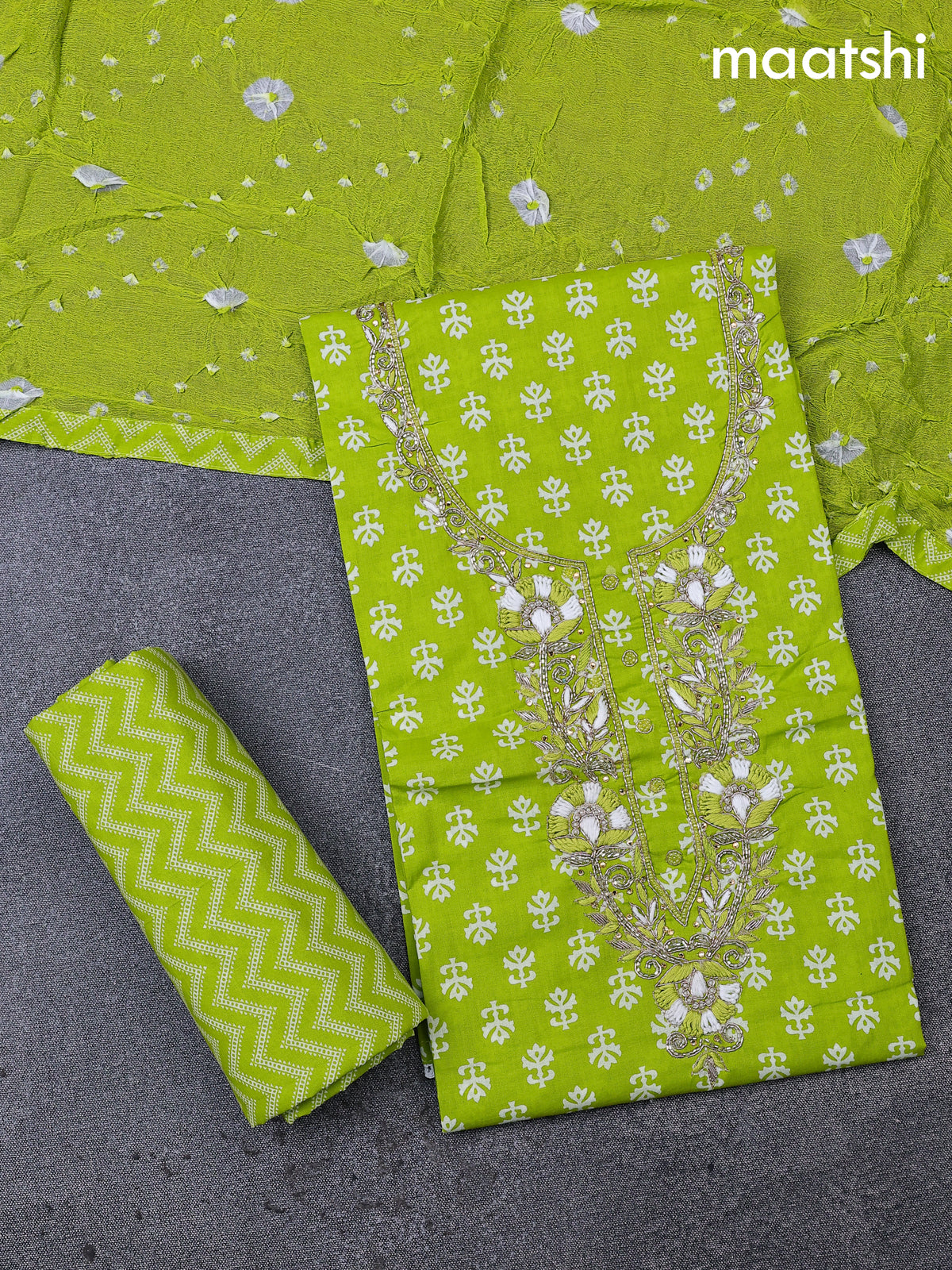 Cotton dress material fluorescent green and off white with allover butta prints & embroidery zardosi work neck pattern and bottom & cotton dupatta