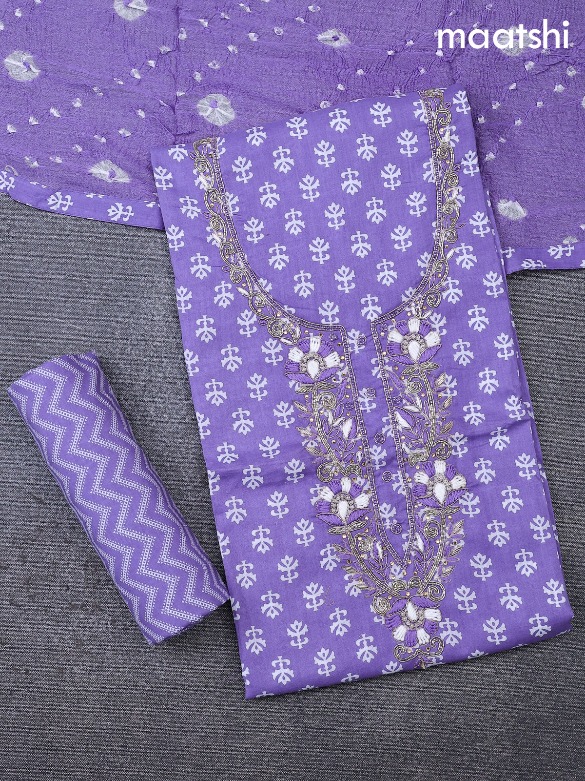 Cotton dress material lavender and off white with allover butta prints & embroidery zardosi work neck pattern and bottom & cotton dupatta