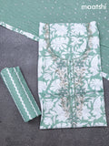 Cotton dress material pastel green and off white with allover floral prints & embroidery zardosi work neck pattern and bottom & cotton dupatta