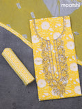 Cotton dress material yellow and off white with allover floral prints & embroidery zardosi work neck pattern and bottom & cotton dupatta