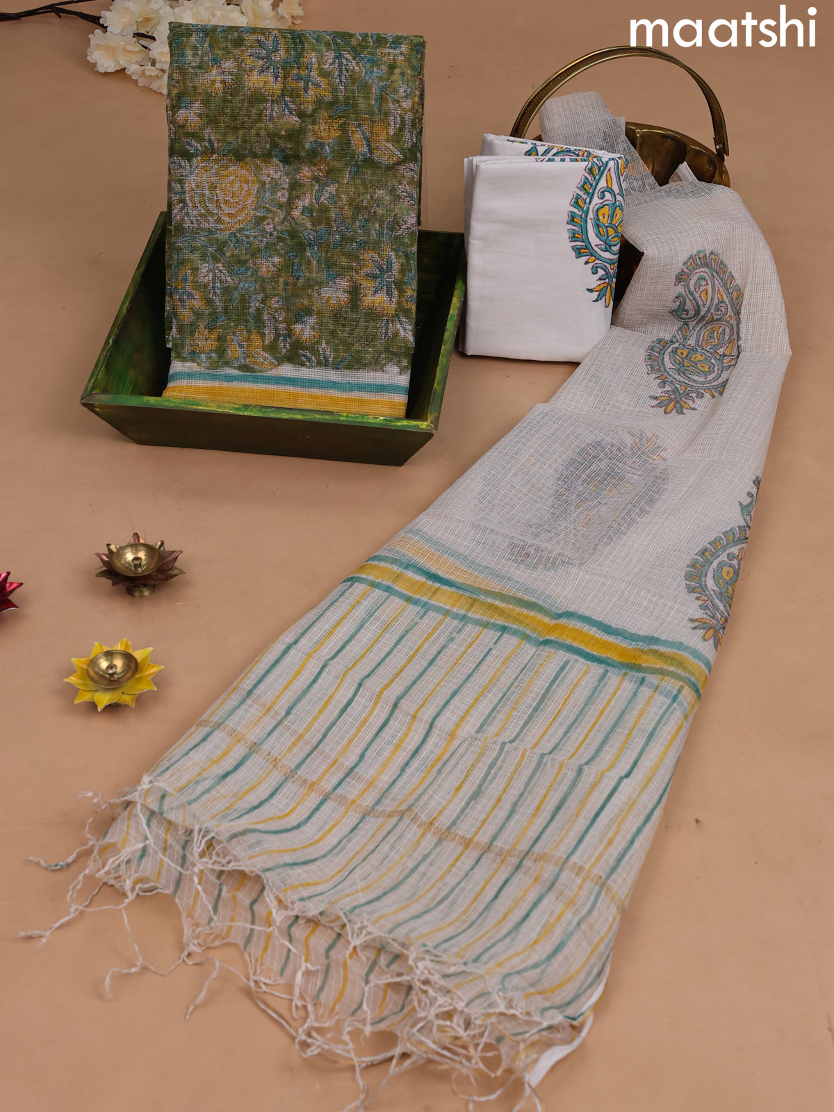Kota dress material green and off white with allover floral prints and bottom & kota dupatta
