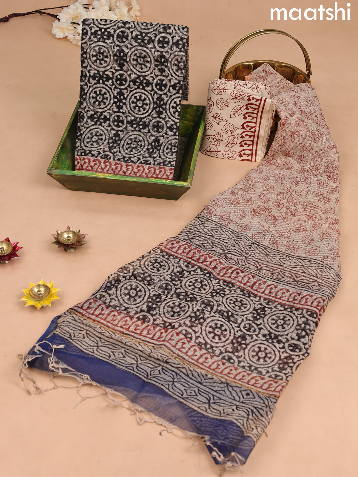 Kota dress material black and beige with allover prints and bottom & kota dupatta