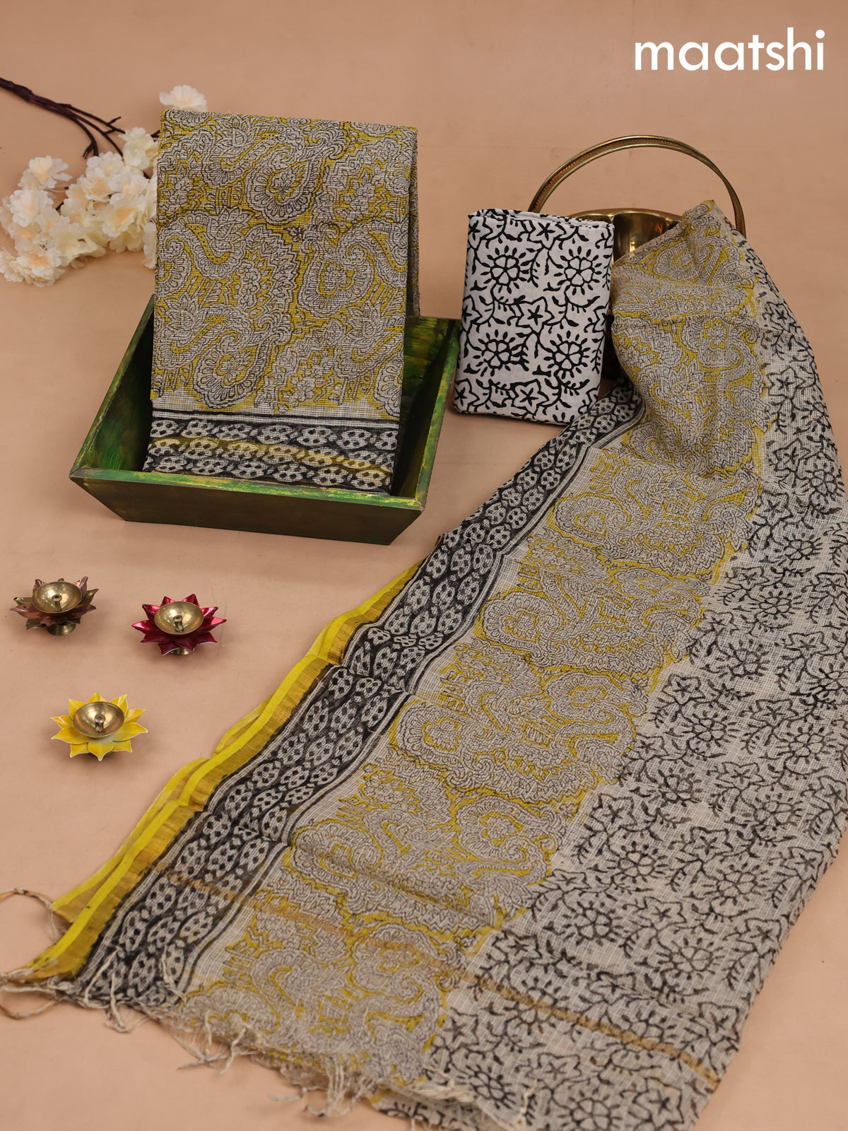Kota dress material beige yellow and beige with allover prints and bottom & kota dupatta