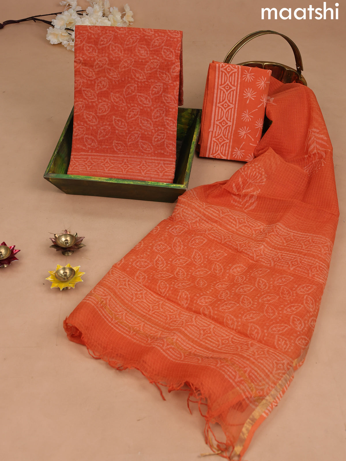 Kota dress material orange with allover prints and bottom & kota dupatta