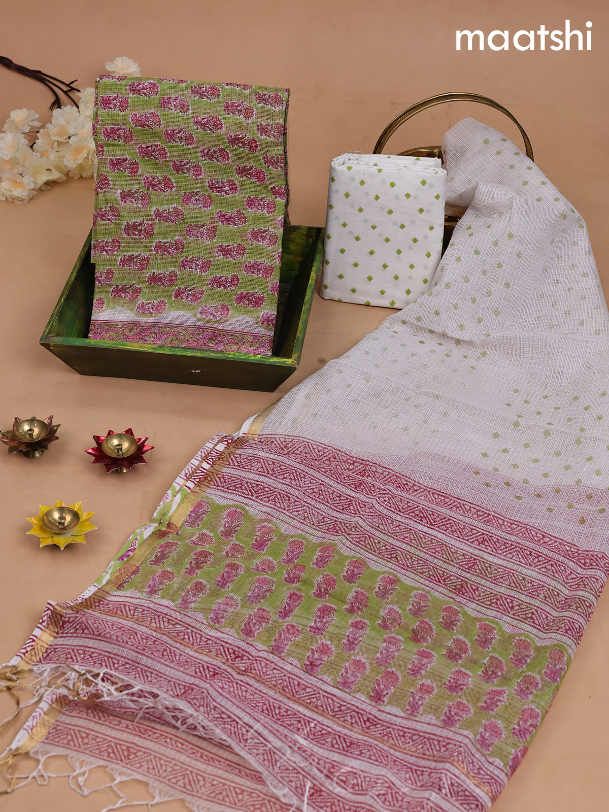 Kota dress material light green and off white with allover floral butta prints and bottom & kota dupatta