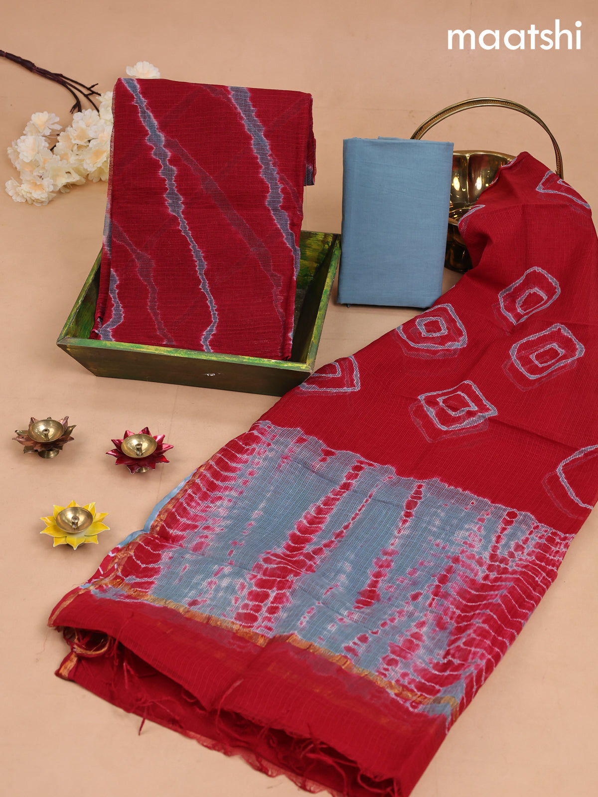 Kota dress material maroon and grey with allover tie & dye prints and bottom & kota dupatta
