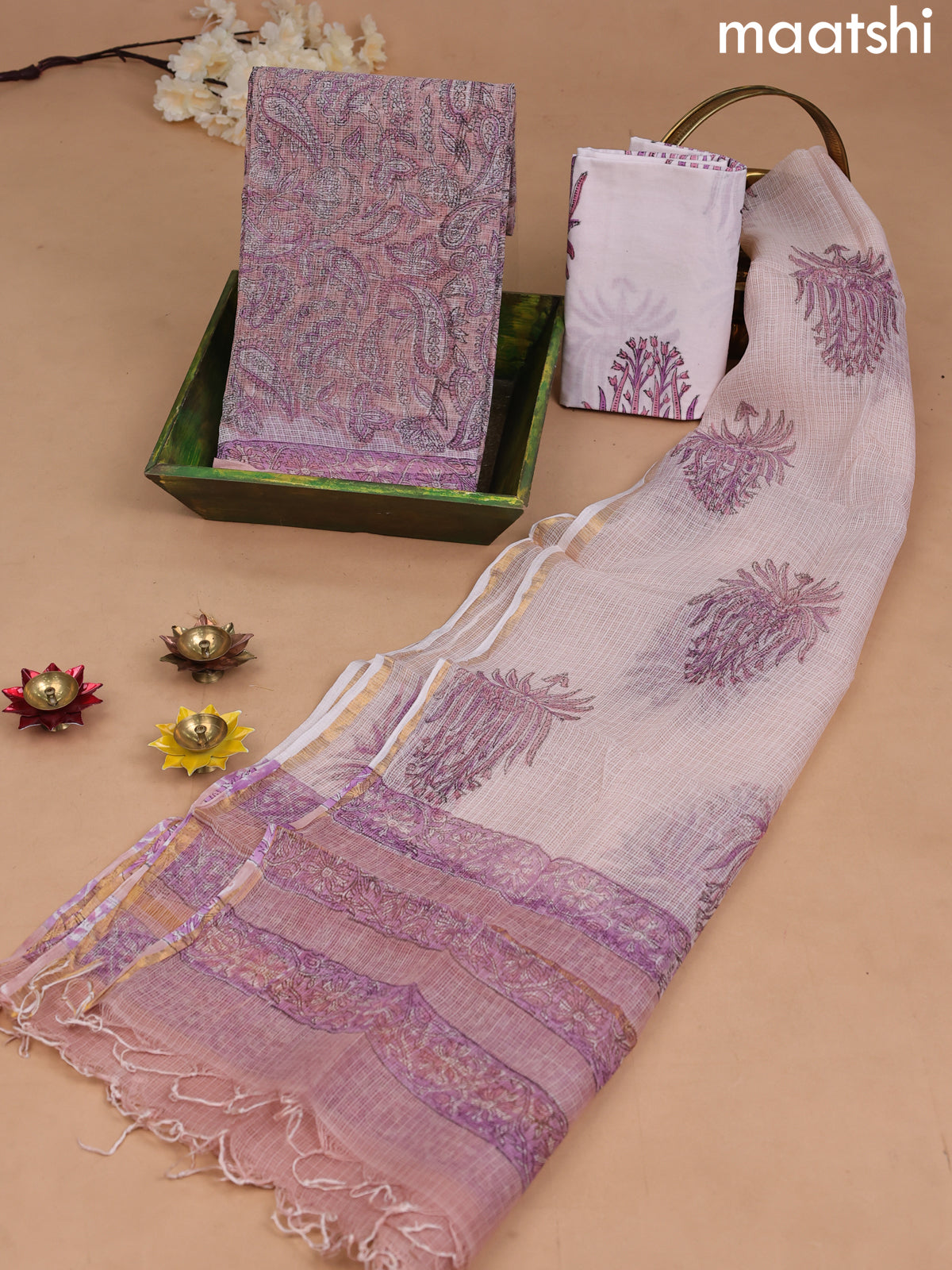 Kota dress material pastel peach and off white with allover prints and bottom & kota dupatta