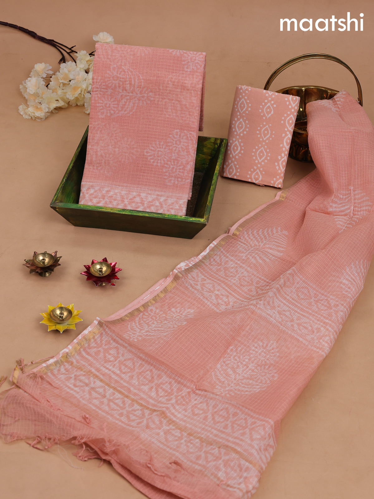 Kota dress material peach orange with allover prints and bottom & kota dupatta