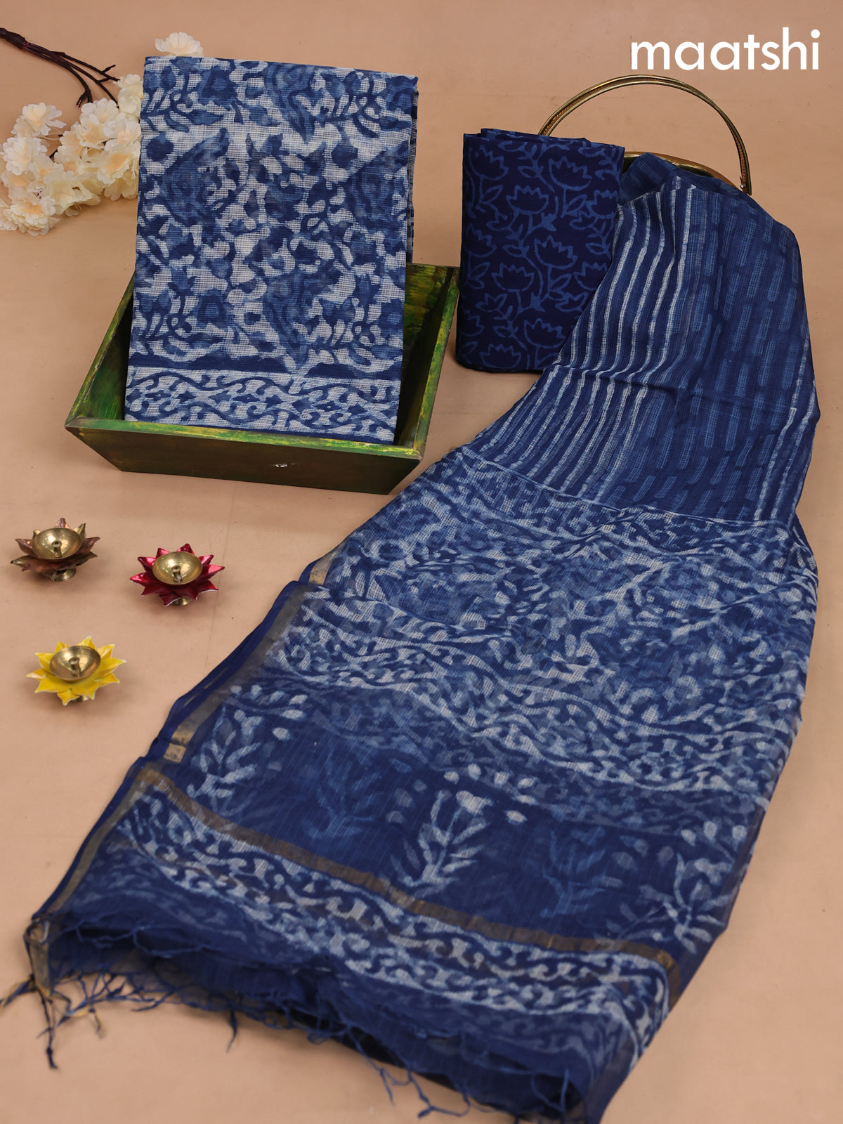 Kota dress material indigo blue and off white with allover dabu prints and bottom & kota dupatta