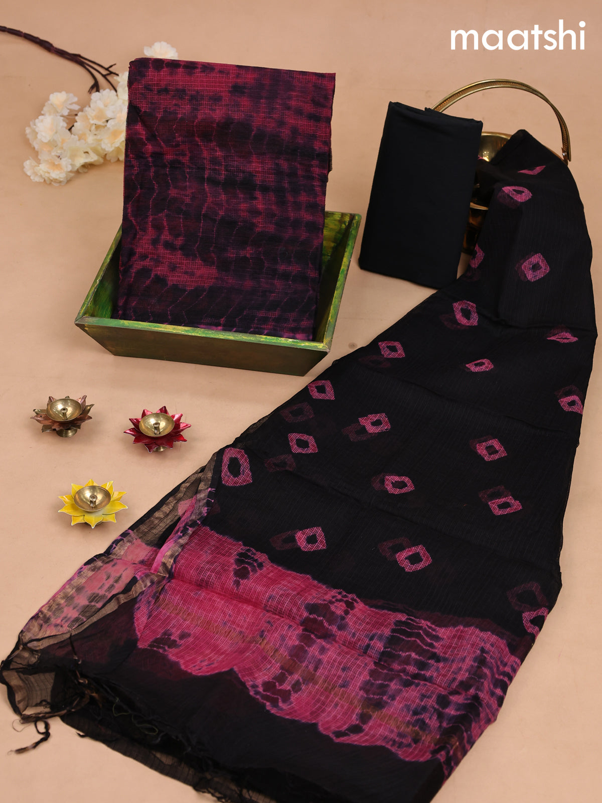 Kota dress material maroon shade and black with tie & dye prints and bottom & kota dupatta