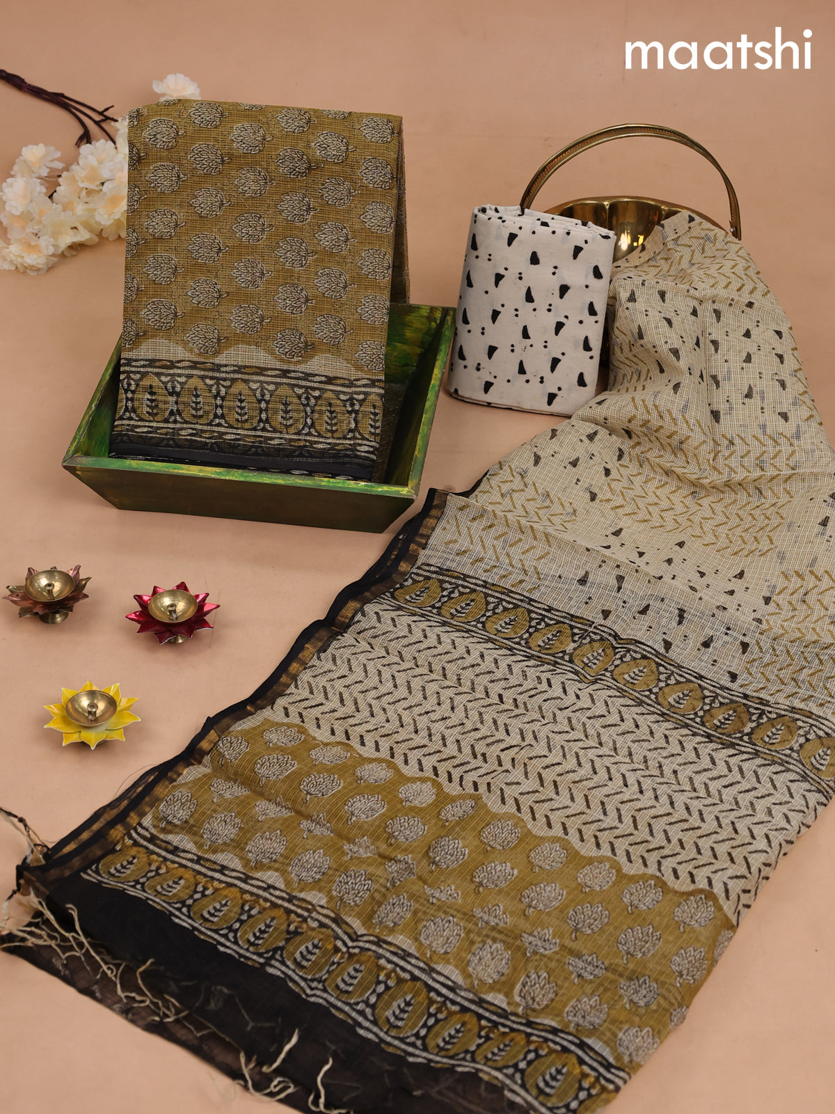 Kota dress material mehendi green and black with butta prints and bottom & kota dupatta