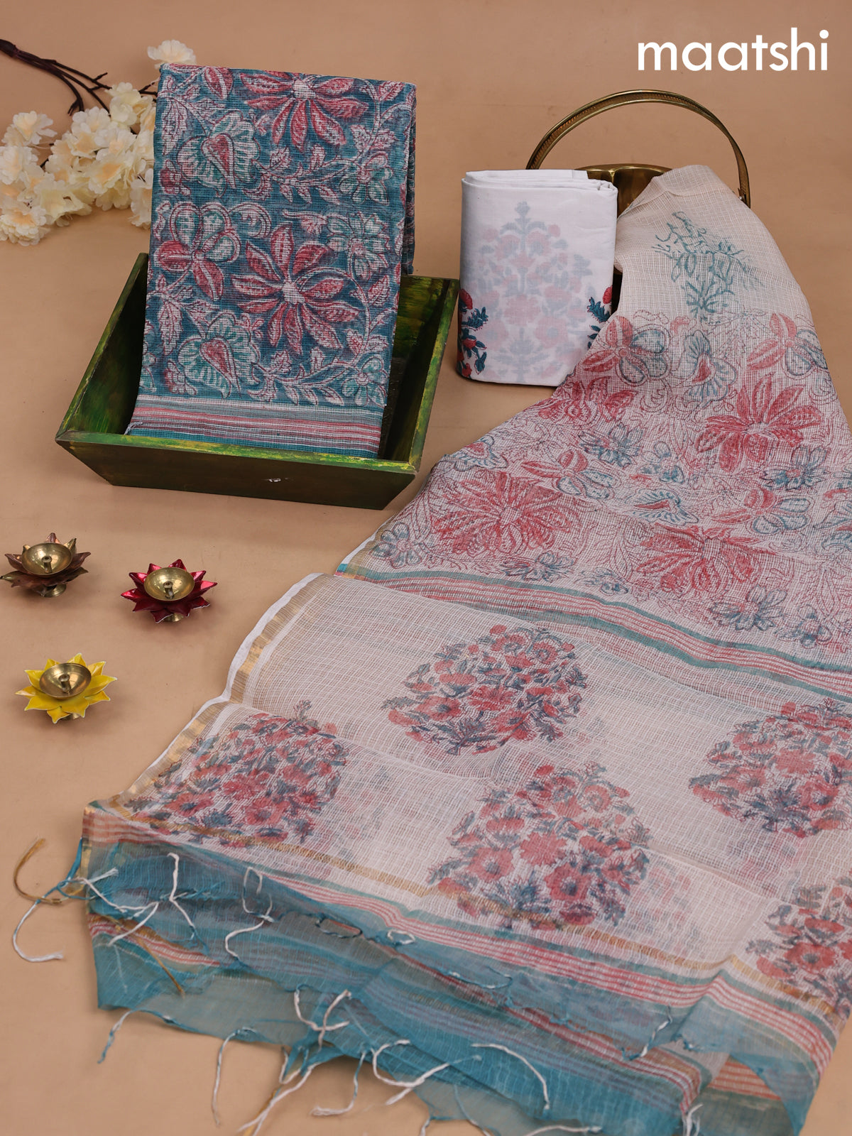 Kota dress material teal blue and off white with allover kalamkari prints and bottom & kota dupatta