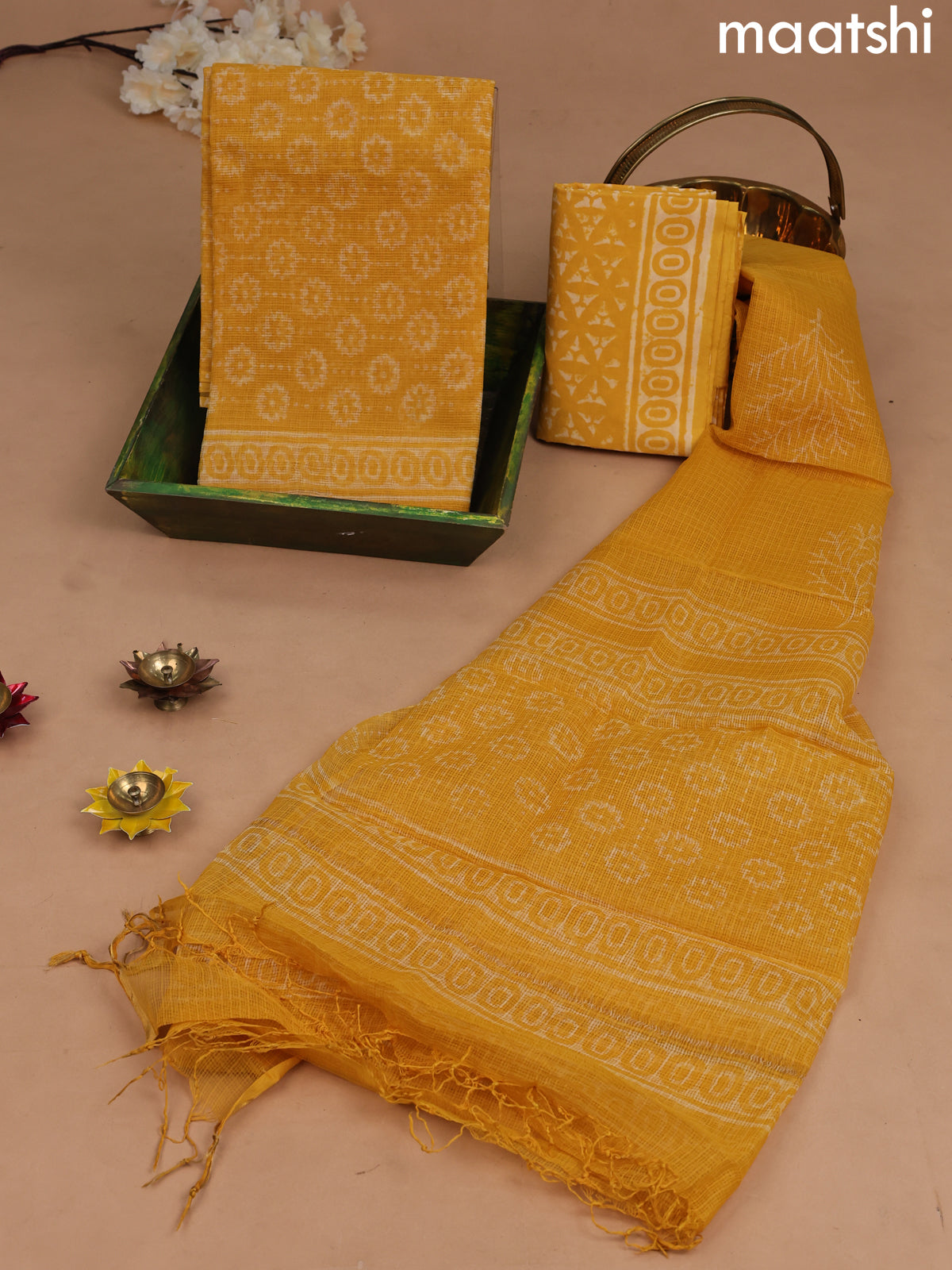 Kota dress material yellow with allover prints and bottom & kota dupatta