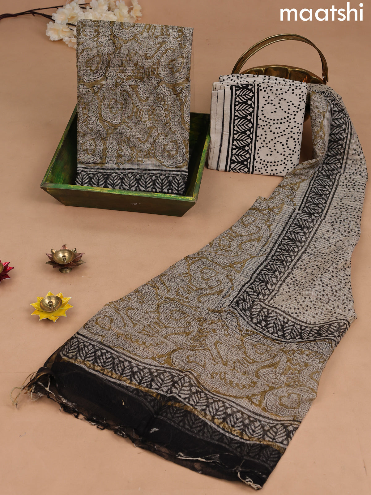 Kota dress material mustard shade and cream with allover prints and bottom & kota dupatta
