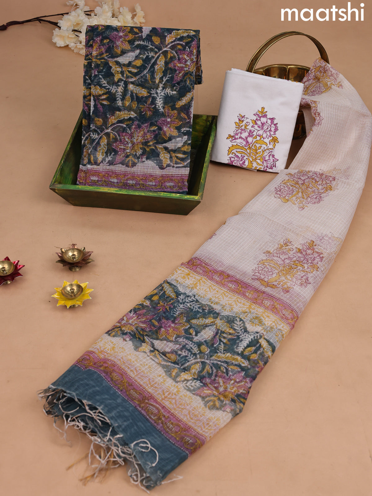 Kota dress material peacock blue and off white with allover prints and bottom & kota dupatta