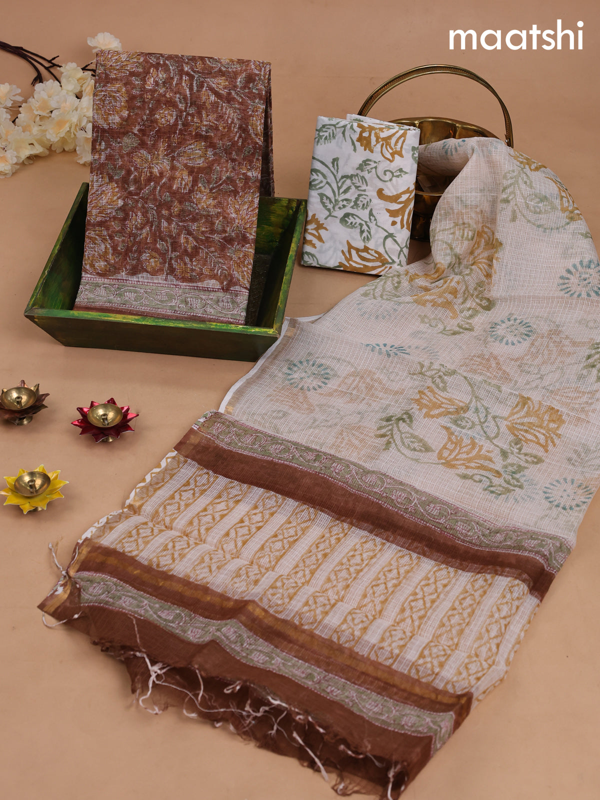 Kota dress material brown shade and off white with allover prints and bottom & kota dupatta