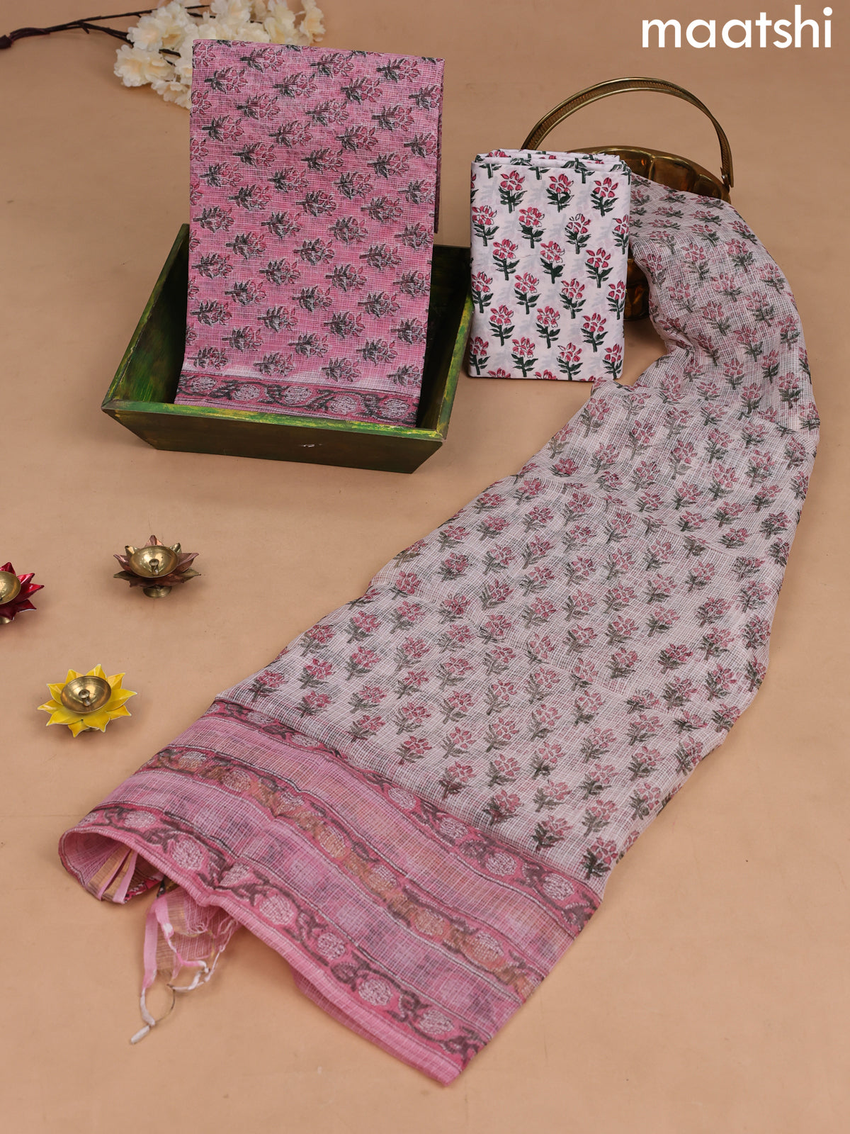 Kota dress material light pink and off white with floral butta prints and bottom & kota dupatta