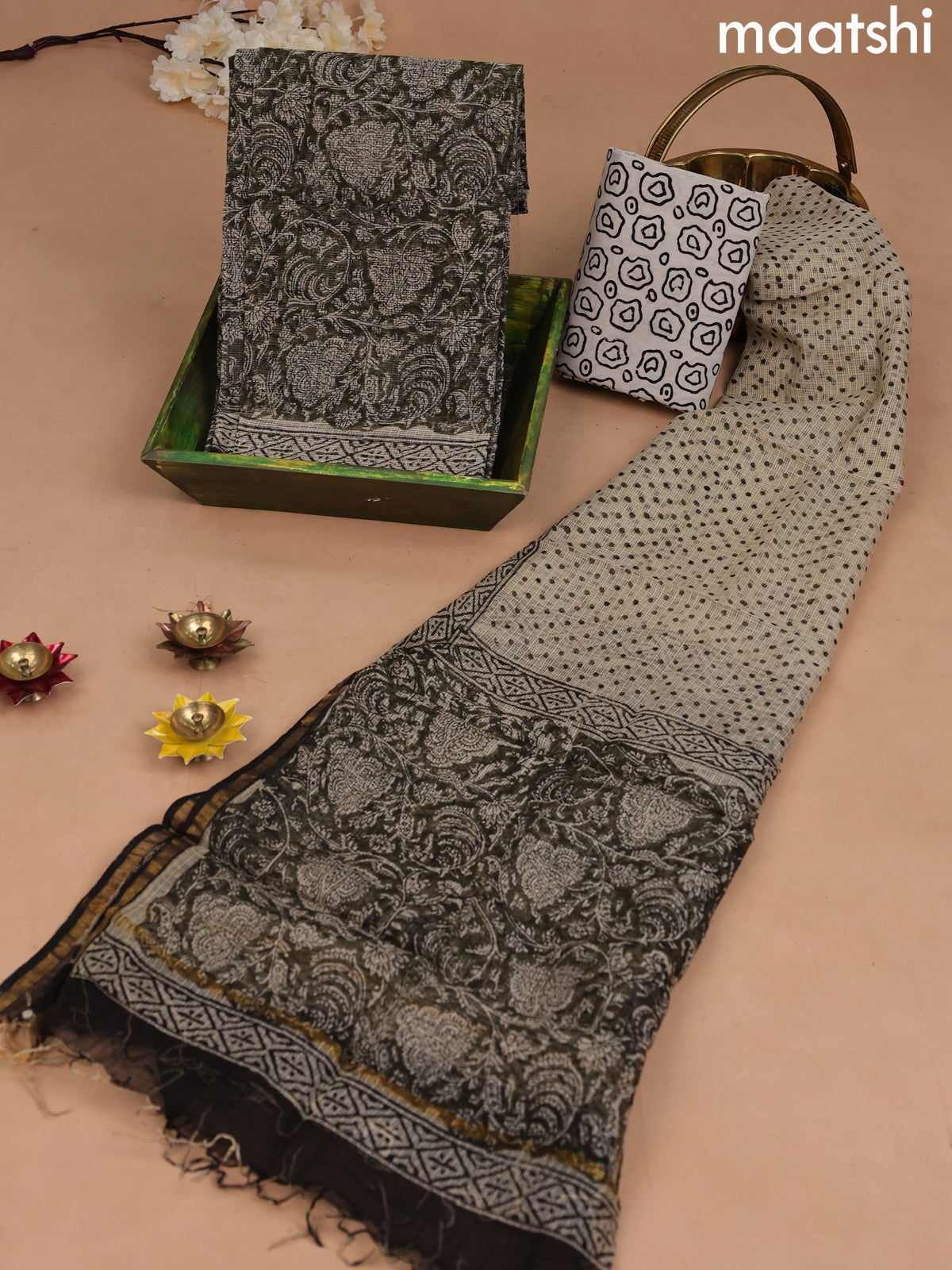 Kota dress material mehendi green and beige with allover prints and bottom & kota dupatta