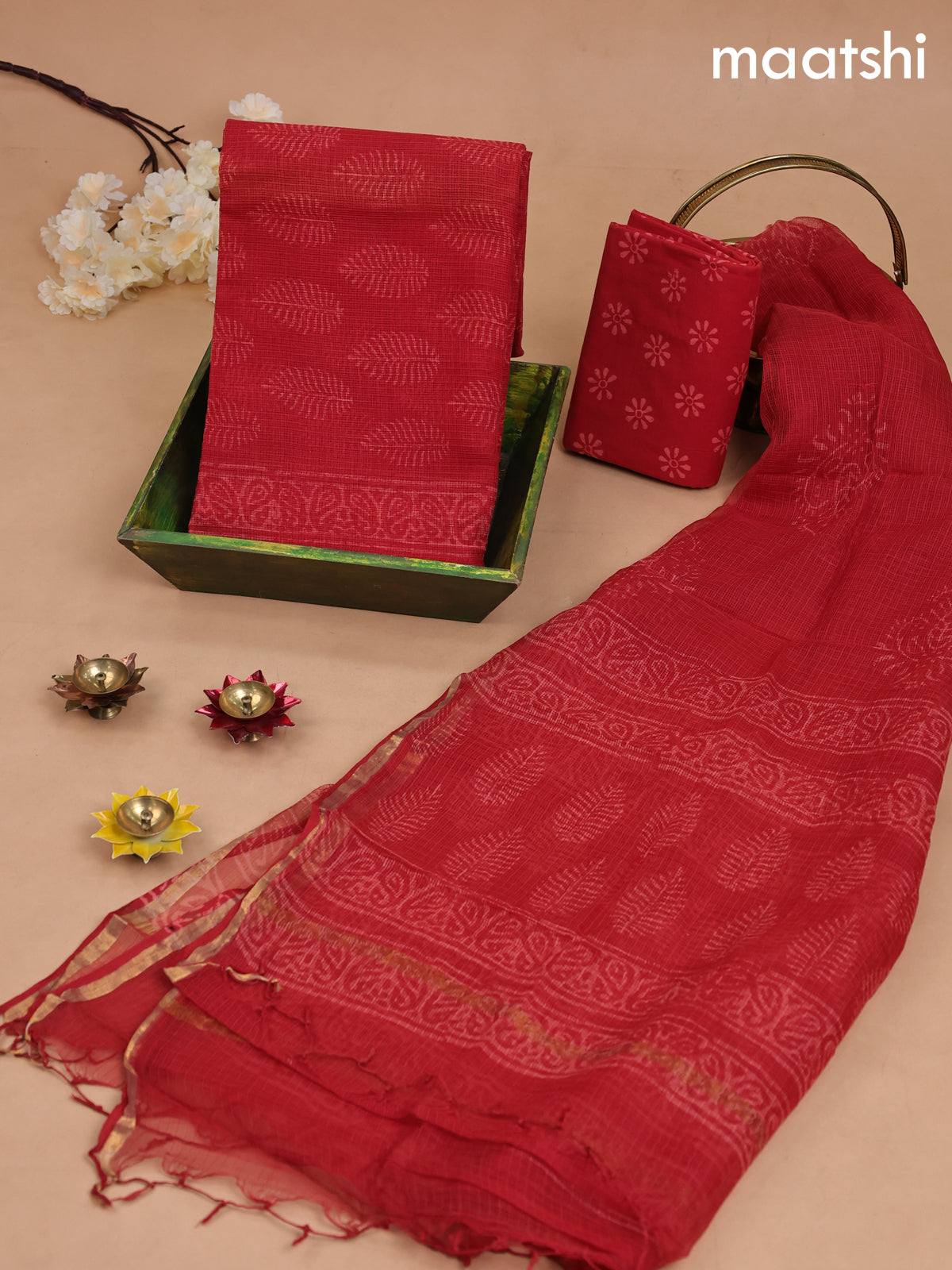 Kota dress material red shade with butta prints and bottom & kota dupatta