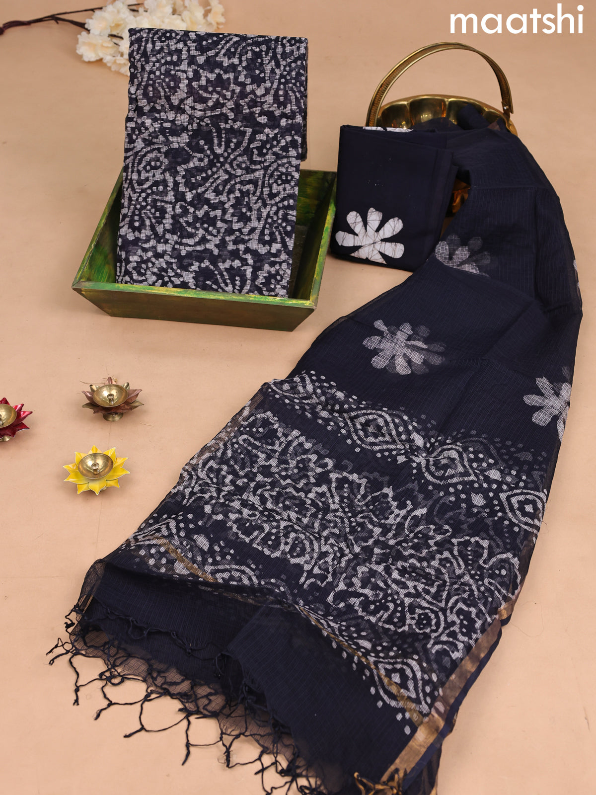 Kota dress material black with allover batik prints and bottom & kota dupatta
